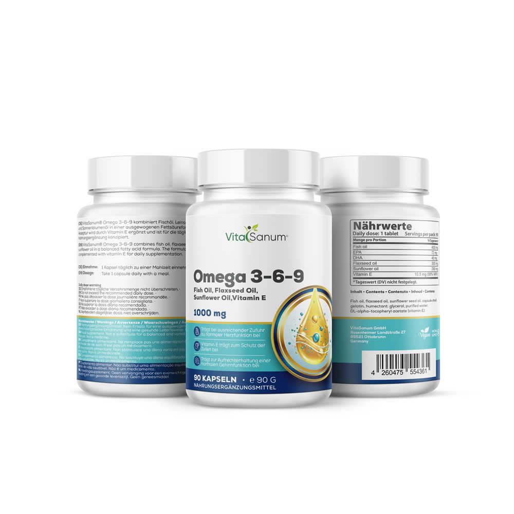Tre flaconi VitaSanum Omega 3-6-9. Scritta: 1000 mg, 90 capsule. Retro con informazioni nutrizionali.