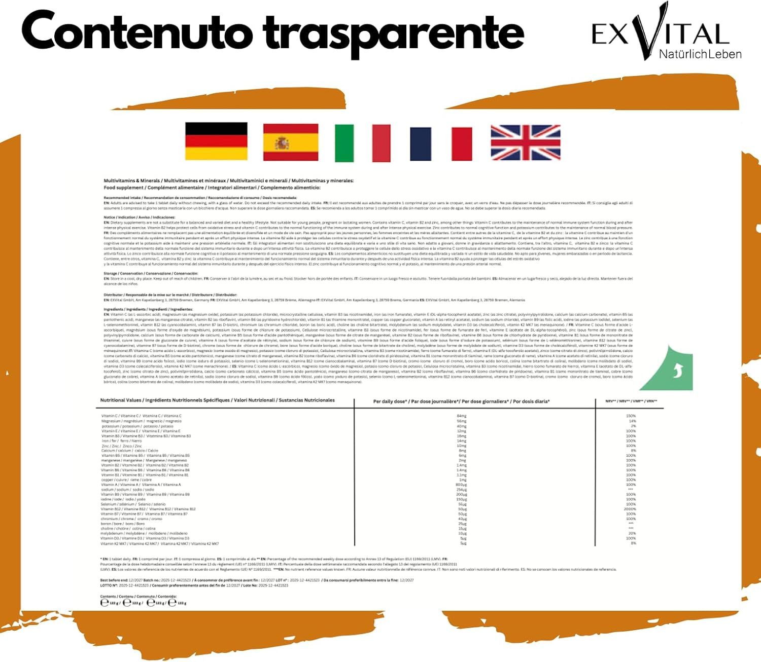 Informazioni sul prodotto in diverse lingue. Testo: EXVital, ingredienti, informazioni nutrizionali.