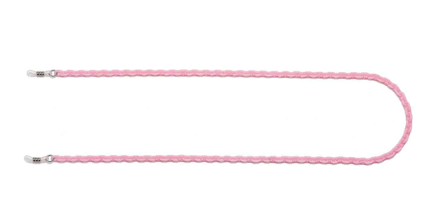 Catenina rosa per occhiali. Design intrecciato. Estremità metalliche per il fissaggio alle aste. Sfondo bianco.