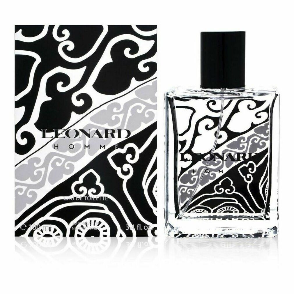 Flacone e confezione di Leonard Homme Eau de Toilette. Motivo nero e grigio. Tappo nero. Scritta: Eau de Toilette.