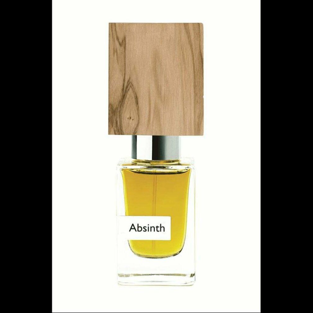 Flacone di profumo Absinth con tappo in legno. Sull'etichetta è visibile Absinth.