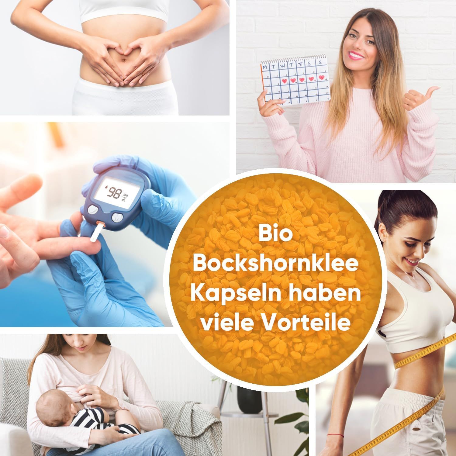 Collage di immagini. Donna con cuore sulla pancia, calendario, glucometro, bambino, donna con metro a nastro. Testo: BIO Bockshornklee Kapseln haben viele Vorteile.