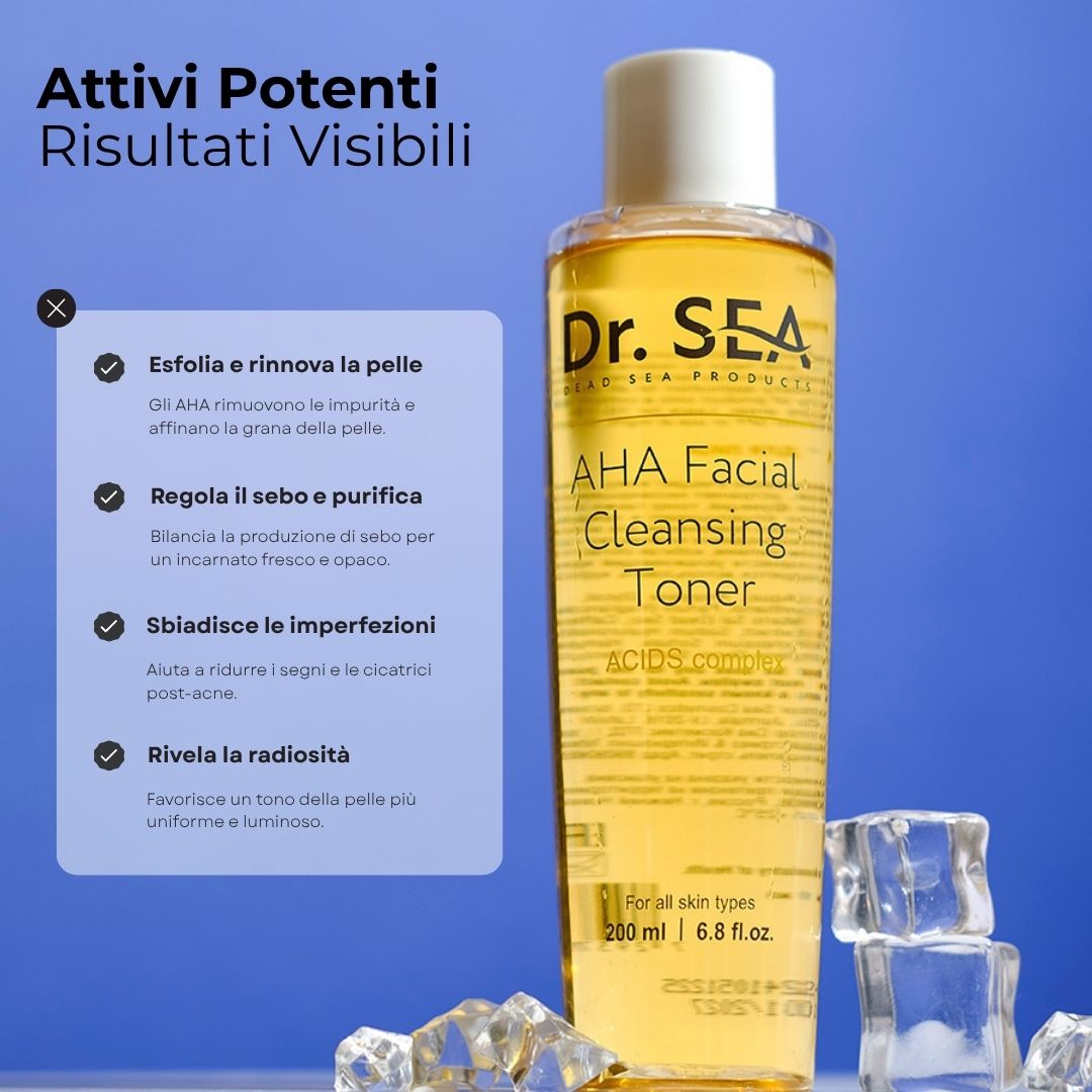 Dr. SEA AHA Facial Cleansing Toner. Bottiglia di liquido giallo. Testo: AHA Facial Cleansing Toner. Cubetti di ghiaccio sullo sfondo.