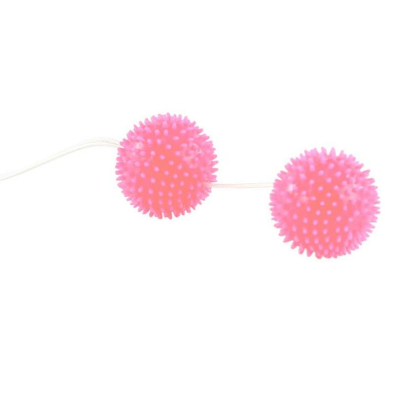 Due palline rosa con punte, collegate da un cordino.