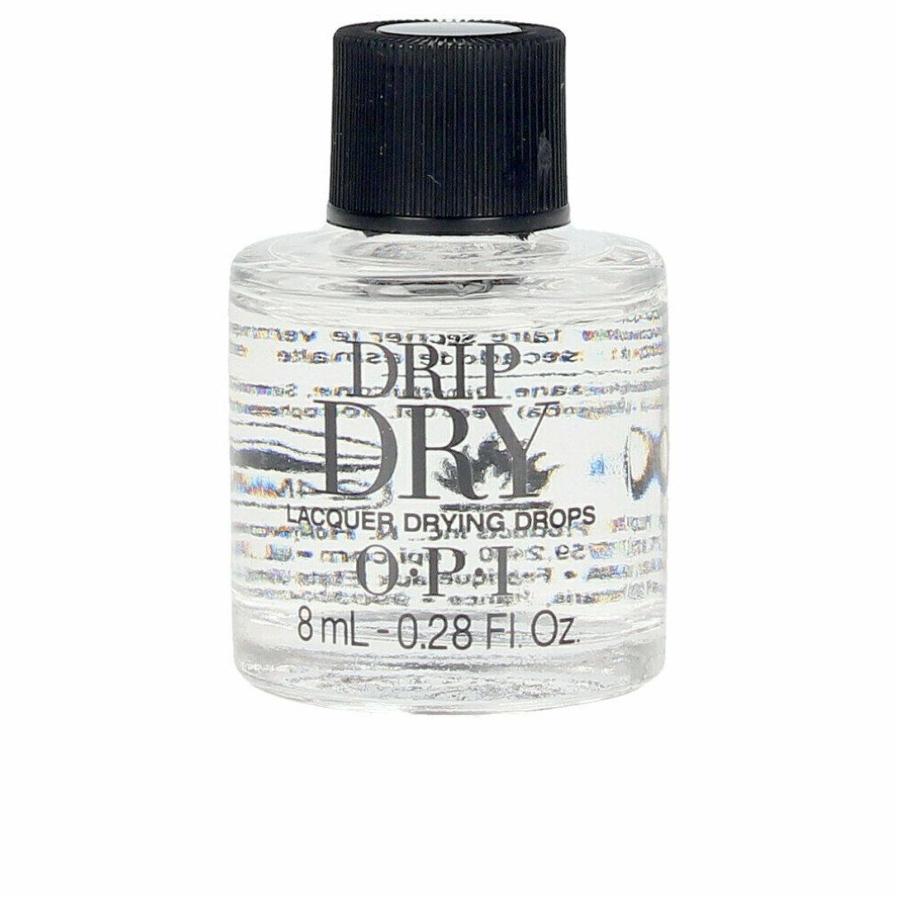 Flacone OPI Drip Dry Lacquer Drying Drops. Liquido trasparente in bottiglia di vetro con tappo nero. Testo: Drip Dry, Lacquer Drying Drops, OPI.