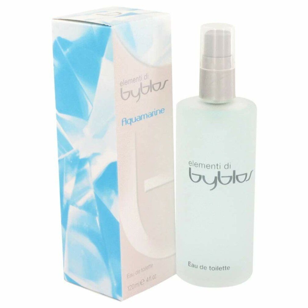 Flacone e confezione Byblos Aquamarine Eau de Toilette. Flacone con vaporizzatore, confezione con design blu e 'Aquamarine'.