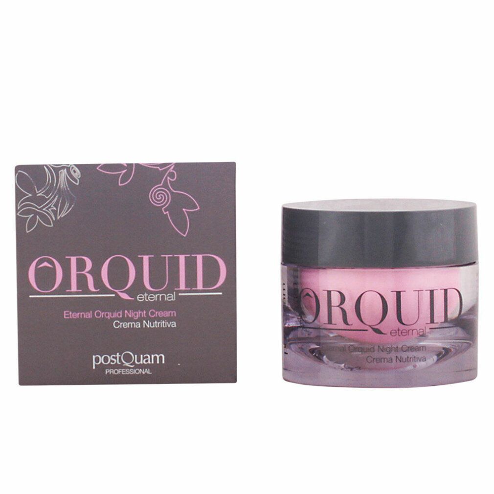 Vaso di crema e scatola. Scritta ORQUID. Testo: Eternal Orchid Night Cream. Marchio: Postquam.