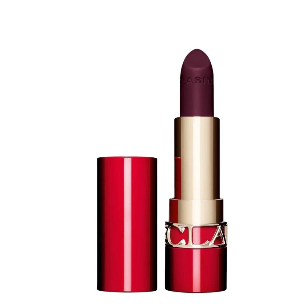 Rossetto Clarins Joli Rouge Velvet viola scuro, cappuccio rimosso.
