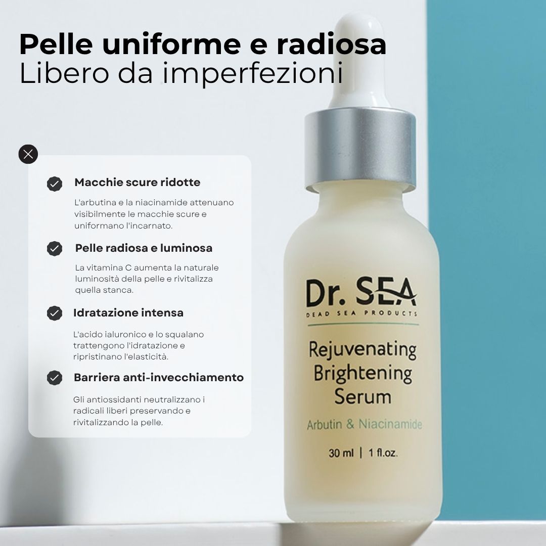 Flacone di siero con testo. Testo: Dr. SEA, Rejuvenating Brightening Serum, Arbutin & Niacinamide. Con infografica.
