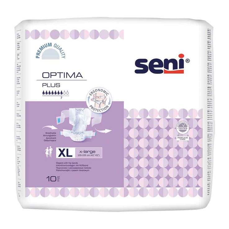 Confezione Seni Optima Plus XL. Confezione viola con immagine del prodotto e testo. Taglia XL. Contiene 10 pezzi.