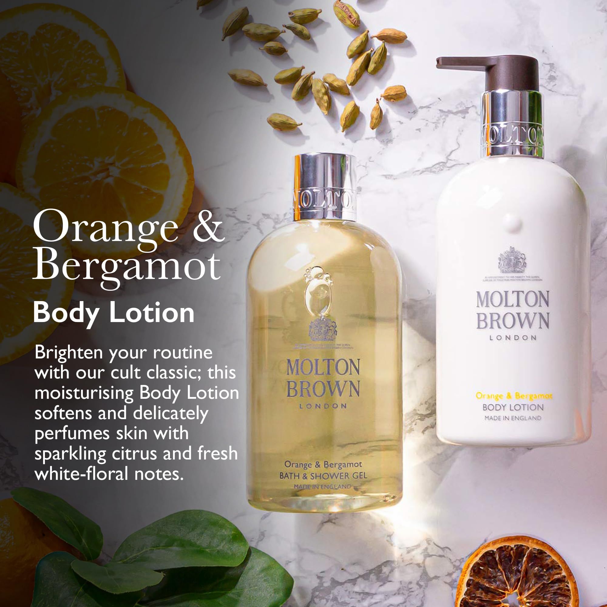 Due flaconi e ingredienti. Testo: Orange & Bergamot Body Lotion. Testo: Brighten your routine with our cult classic.
