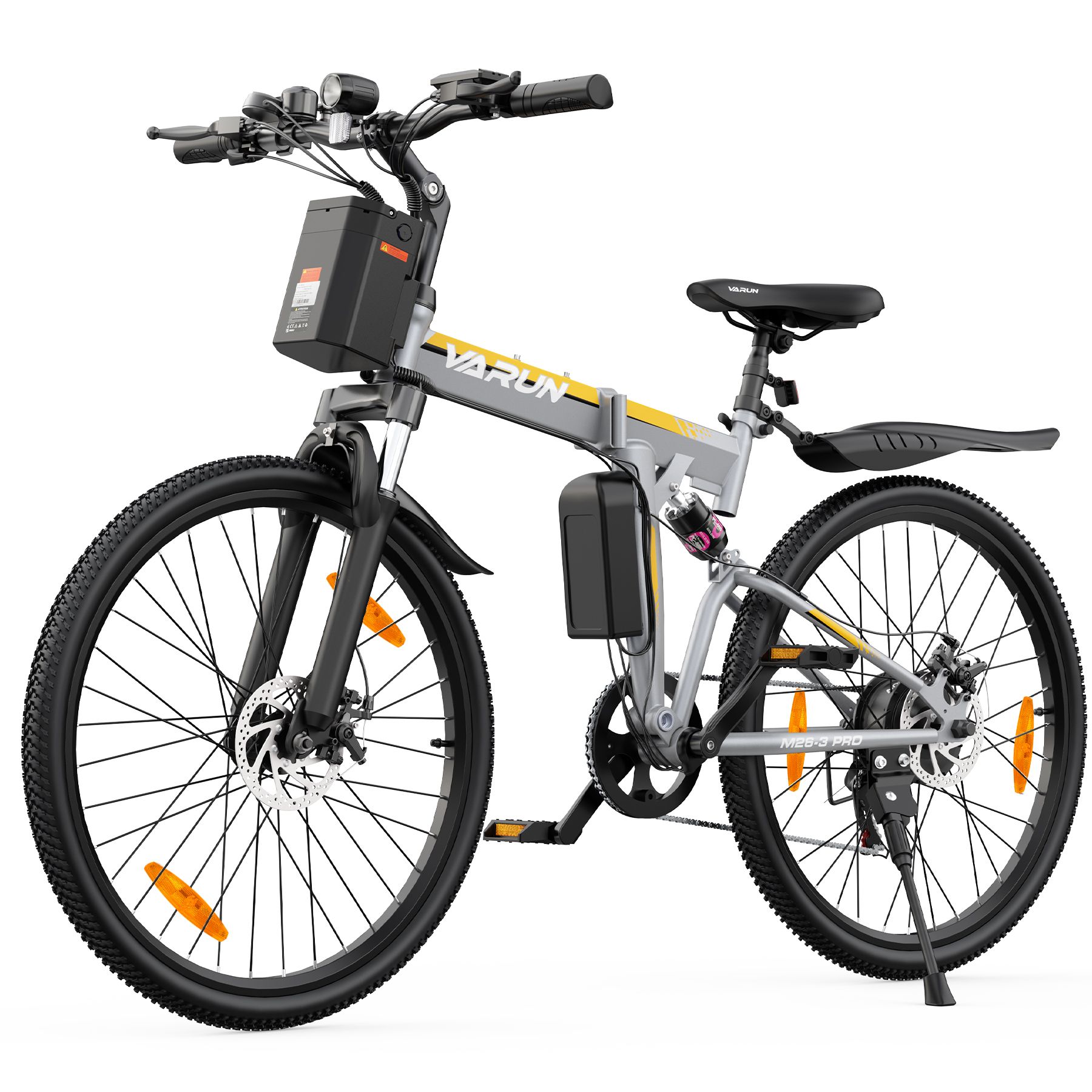 E-bike pieghevole grigio-giallo. Pneumatici, sella, manubrio neri. Batteria e motore visibili. Logo VARUN.