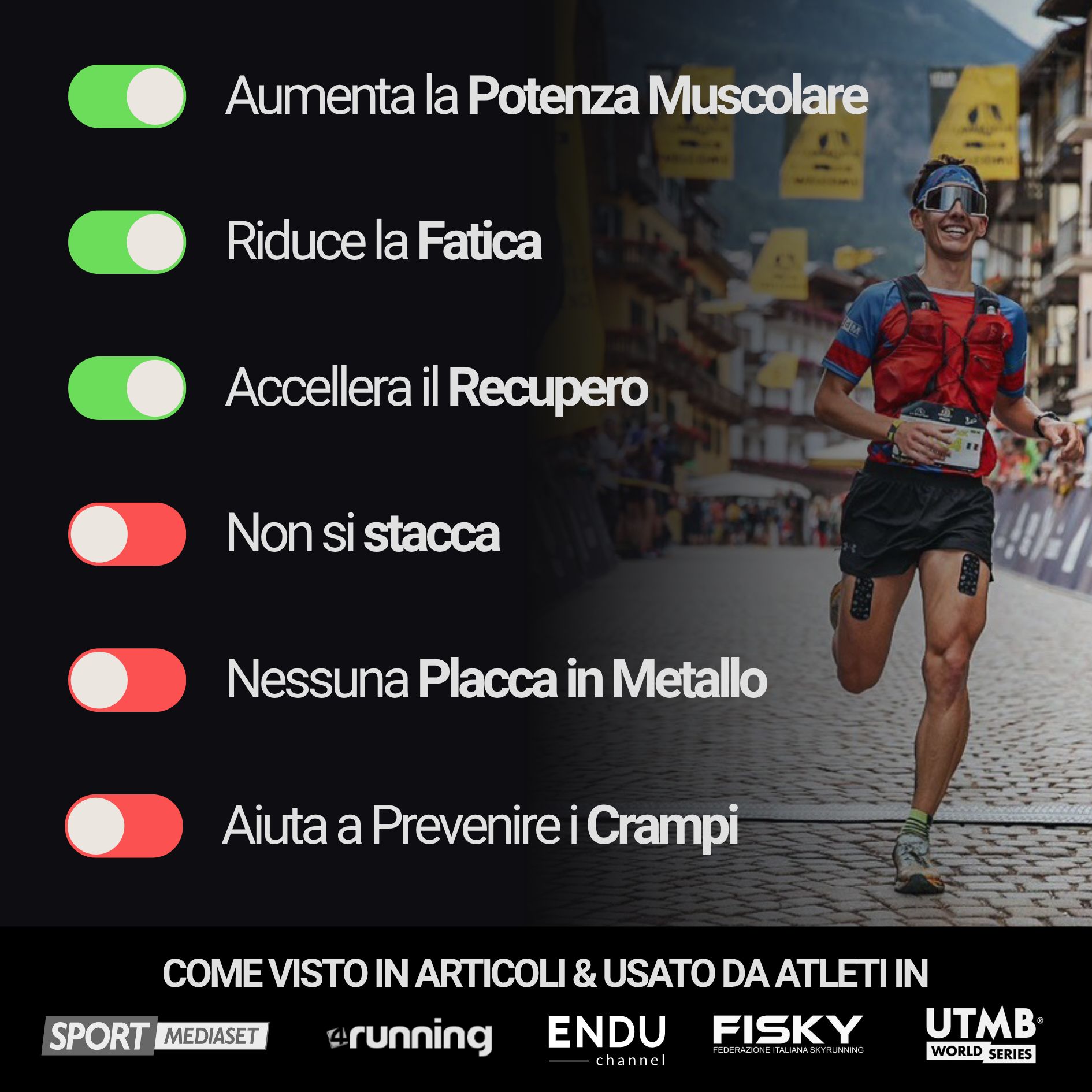 Corridore taglia il traguardo. Testo e loghi. Cerotti sportivi sulla gamba. Grafici.