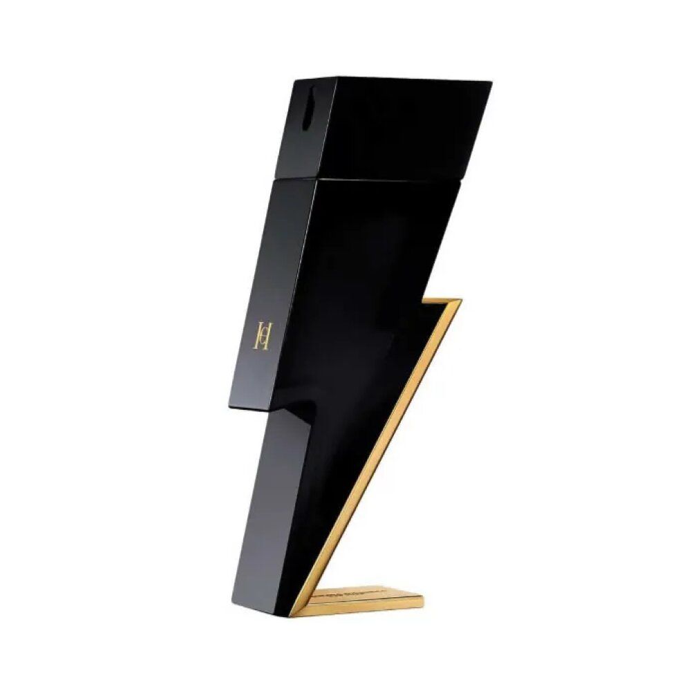 Flacone nero a forma di fulmine con base dorata. Logo 'H'.