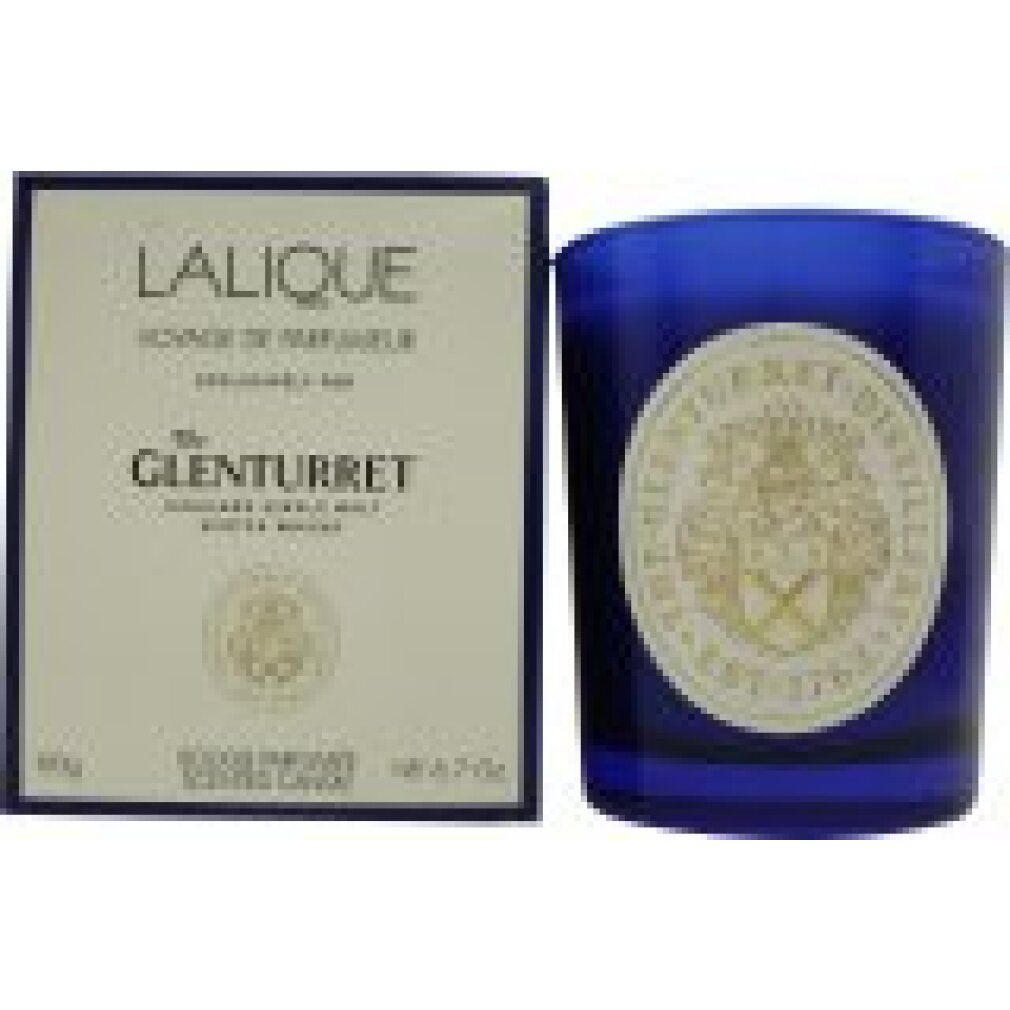 Vaso blu con etichetta bianca, testo: The Glenturret, Lalique. Confezione rettangolare, testo: Lalique, The Glenturret.