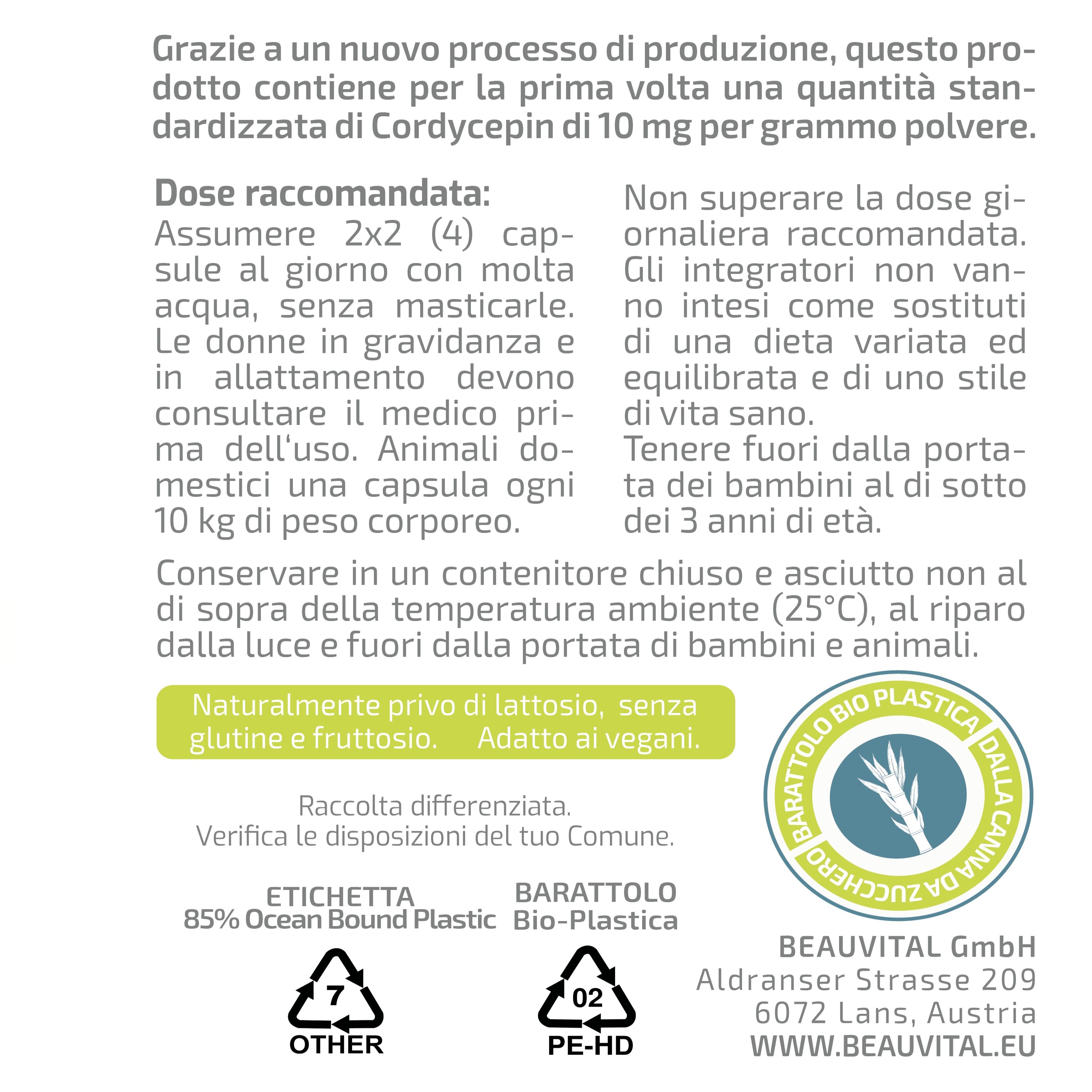 Istruzioni per l'uso di Beautytal Pure Bio Cordyceps Gold: dosaggio, conservazione e avvertenze.