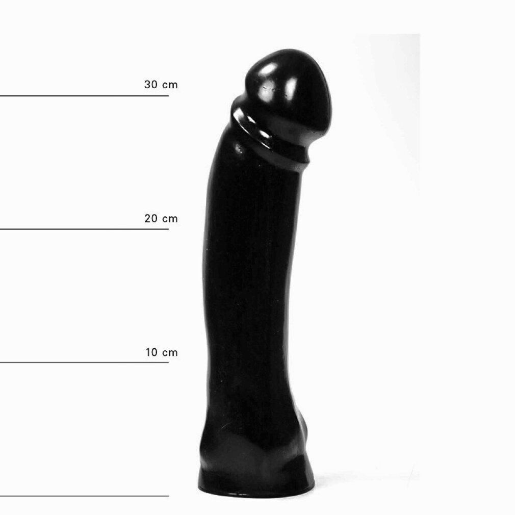 Dildo nero con segni di dimensioni da 10 cm a 30 cm. Forma curva.