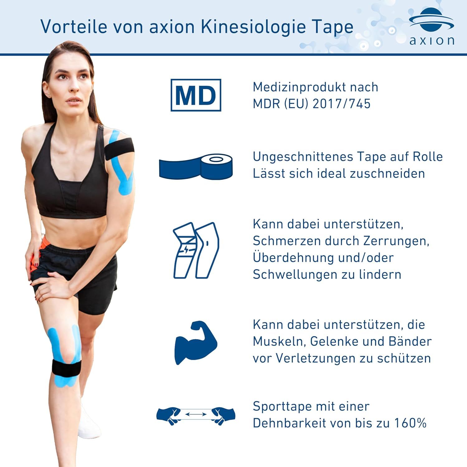 Donna con kinesio tape blu su gamba e spalla. Infografica con rotolo di tape, simbolo muscolare e testo.