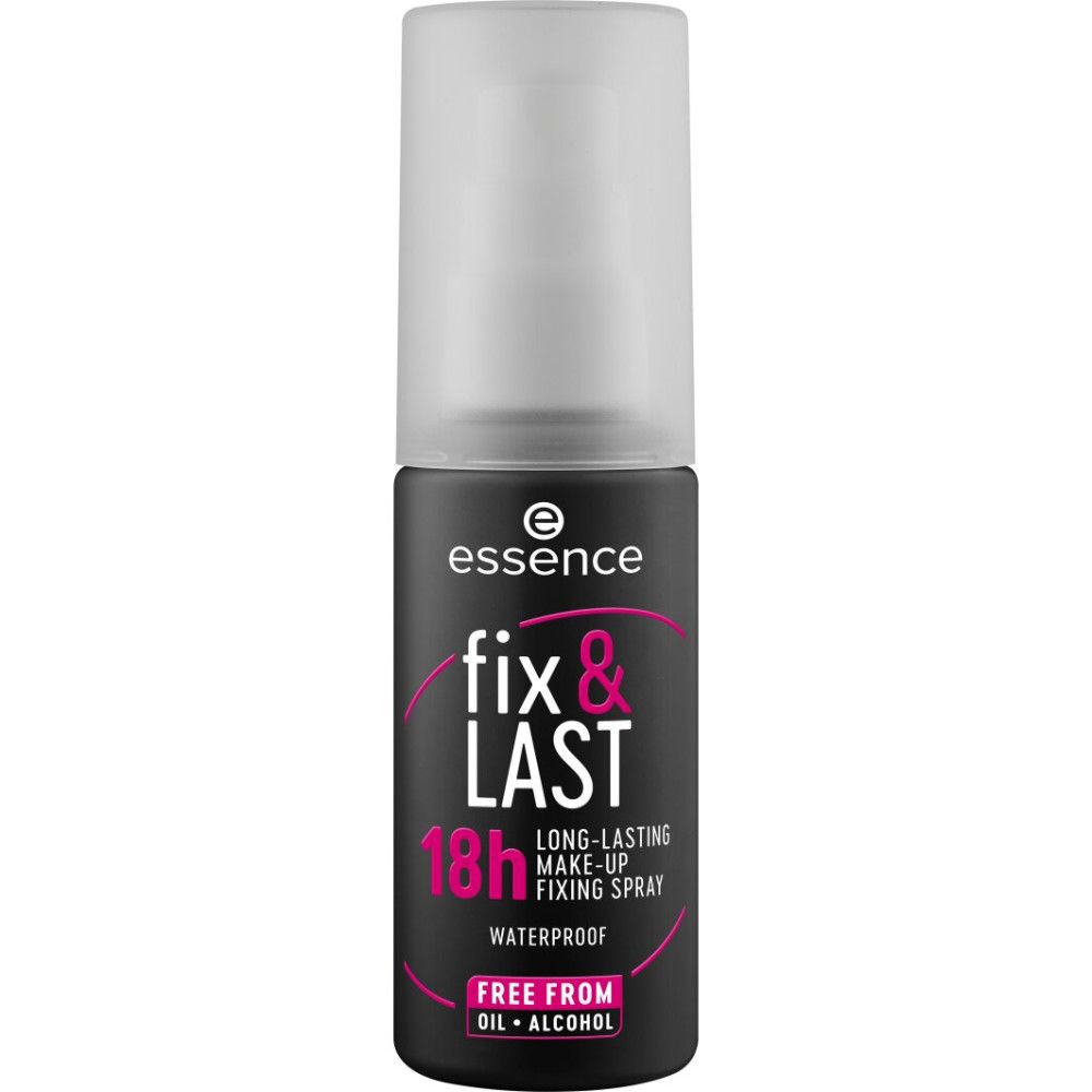 Flacone nero con tappo trasparente. Scritta: Essence, fix & LAST, 18h, waterproof, senza olio + alcool.