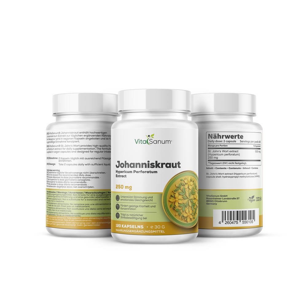Tre flaconi bianchi VitaSanum® Johanniskraut. Etichette con informazioni sul prodotto e indicazione 250mg. Capsule, 30 g.