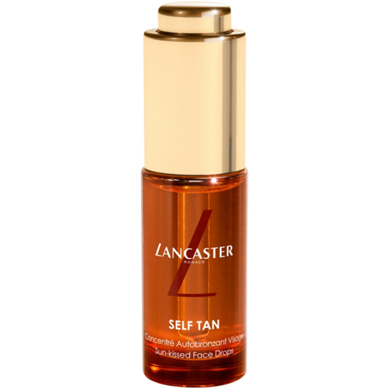 Flacone di vetro marrone con tappo dorato. Scritta: Lancaster, Self Tan, Sun-kissed Face Drops.