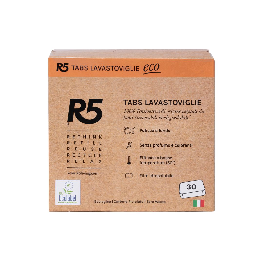 R5 Eco Tabs Lavastoviglie 30 Pastiglie, Tensioattivi Vegetali, Ecolabel, Made in Italy
