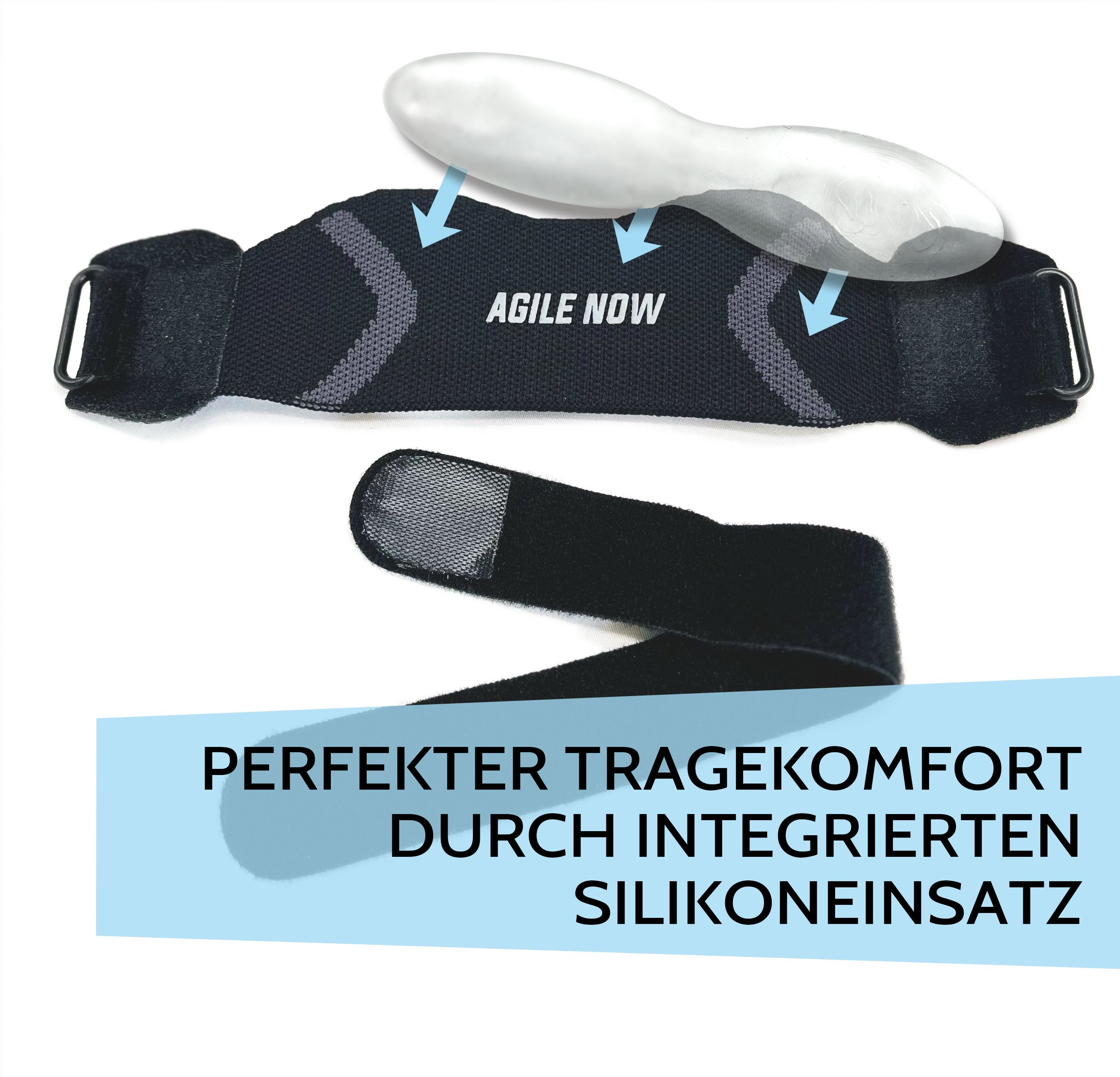 Ginocchiera nera con inserto in silicone. Testo: AGILE NOW. Scritta: COMFORT PERFETTO GRAZIE ALL'INSERTO IN SILICONE INTEGRATO.