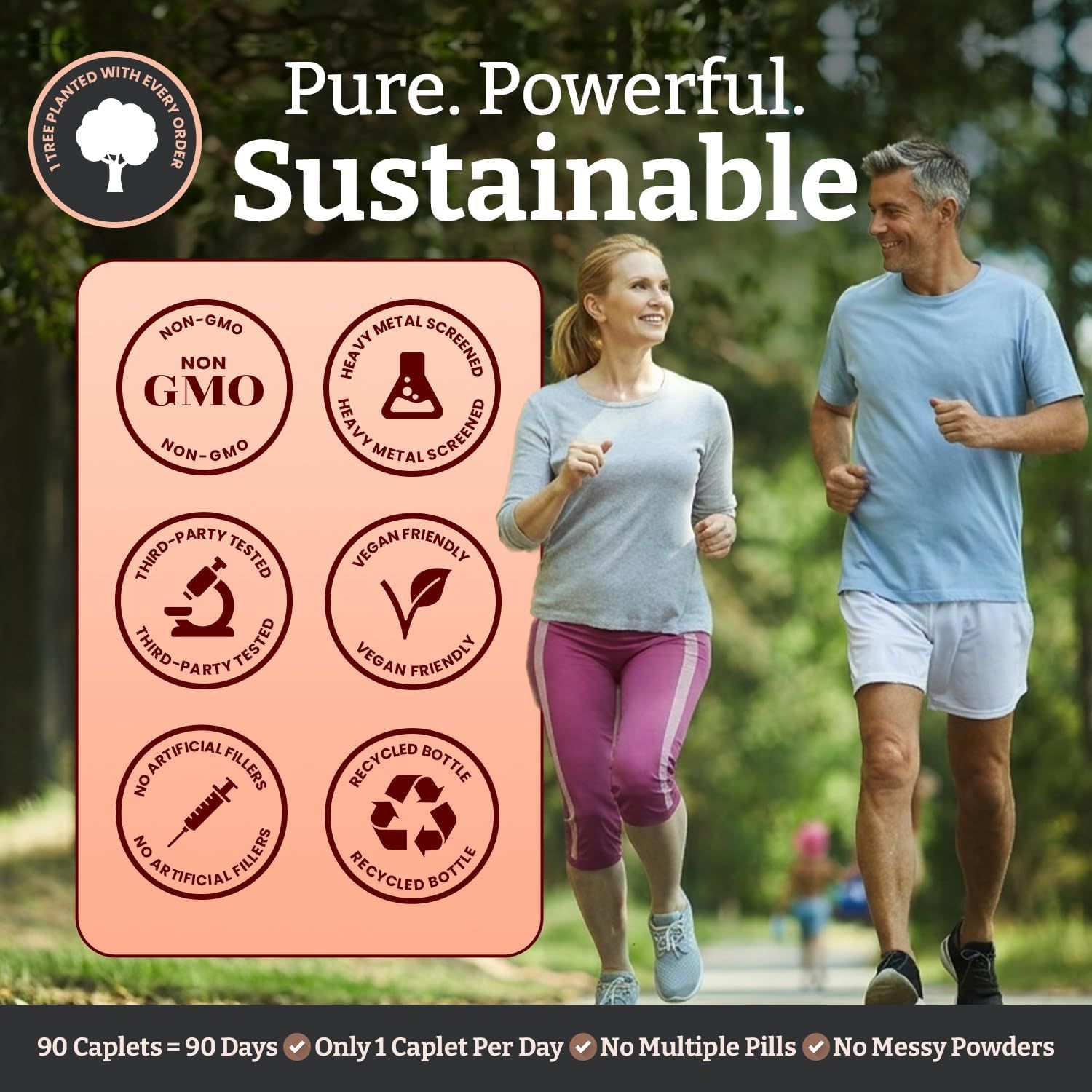 Coppia che fa jogging. Icone del prodotto: Non OGM, testato per metalli pesanti, testato da terzi, vegano, bottiglia riciclata.