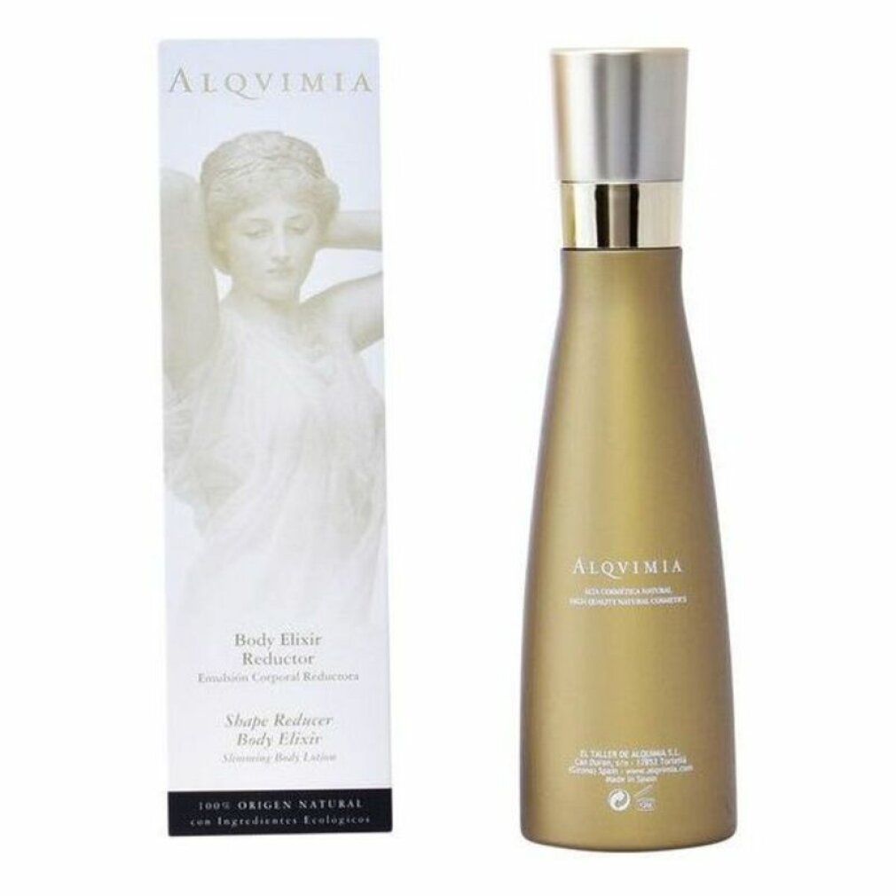 Flacone dorato con tappo argentato e scatola. Scritta: Alqvimia, Body Elixir Reductor, Shape Reducer.