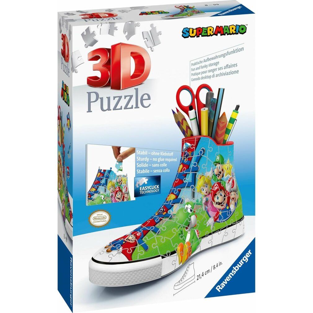 Scatola puzzle 3D Super Mario. Puzzle a forma di scarpa con portapenne. Contiene forbici, penne e matite. Dimensioni: 21,4 cm/8,4 pollici.