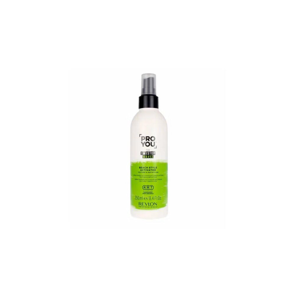 Flacone bianco-verde con spruzzatore nero. Testo: Pro You The Twister Waves, Beach Style Activator, Revlon Professional.