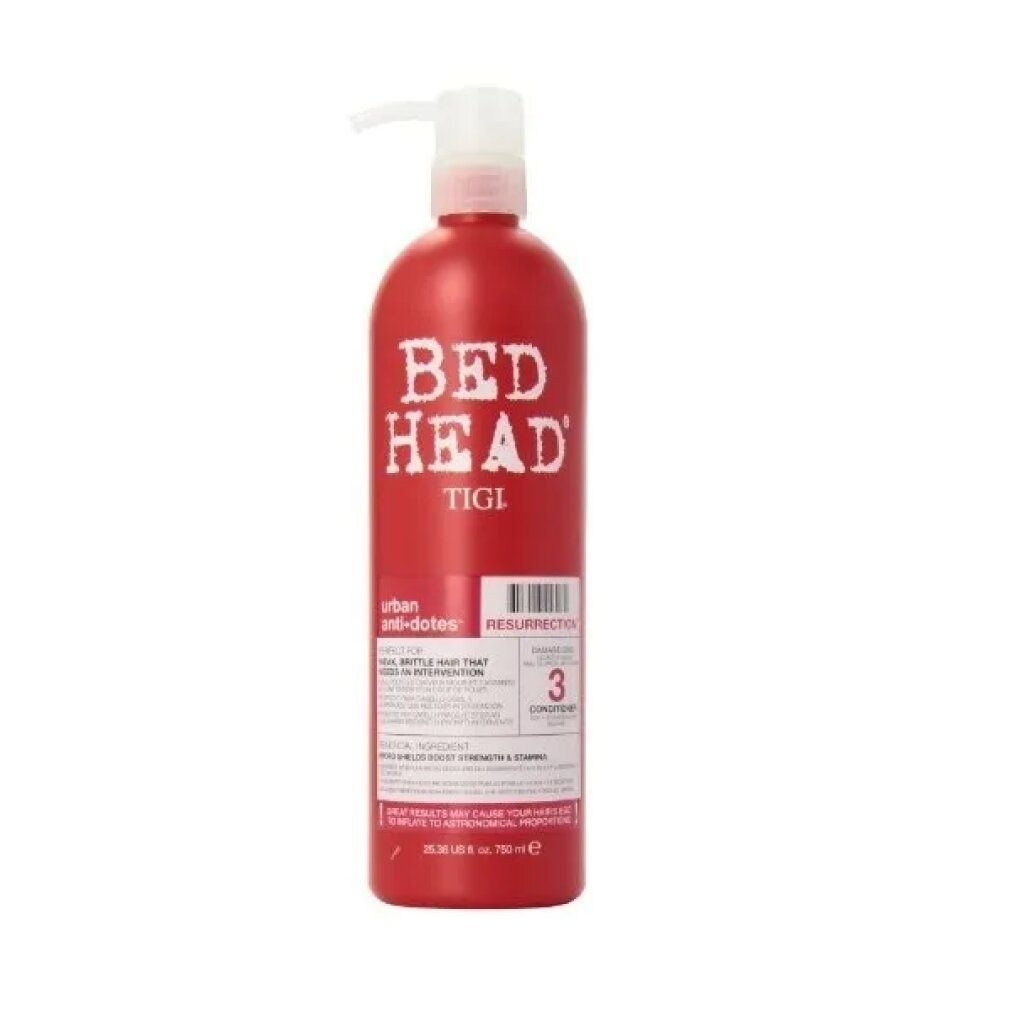 Flacone rosso con pompa. Scritta BED HEAD TIGI. Etichetta con informazioni e numero 3.