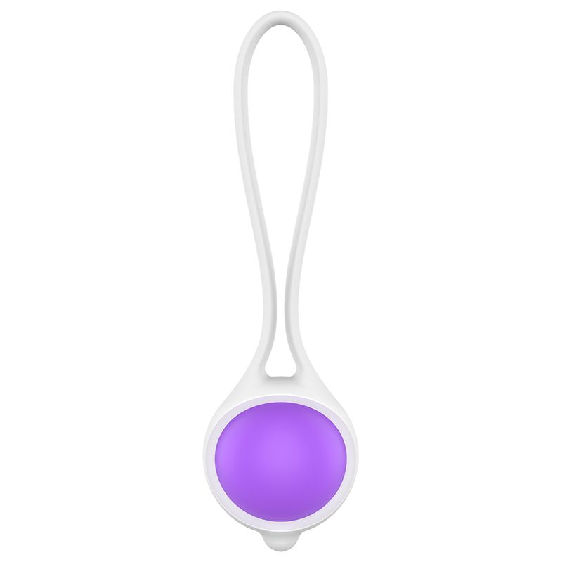 Prodotto bianco a forma di goccia con sfera viola. Con anello. In silicone. Prodotto per l'igiene intima.
