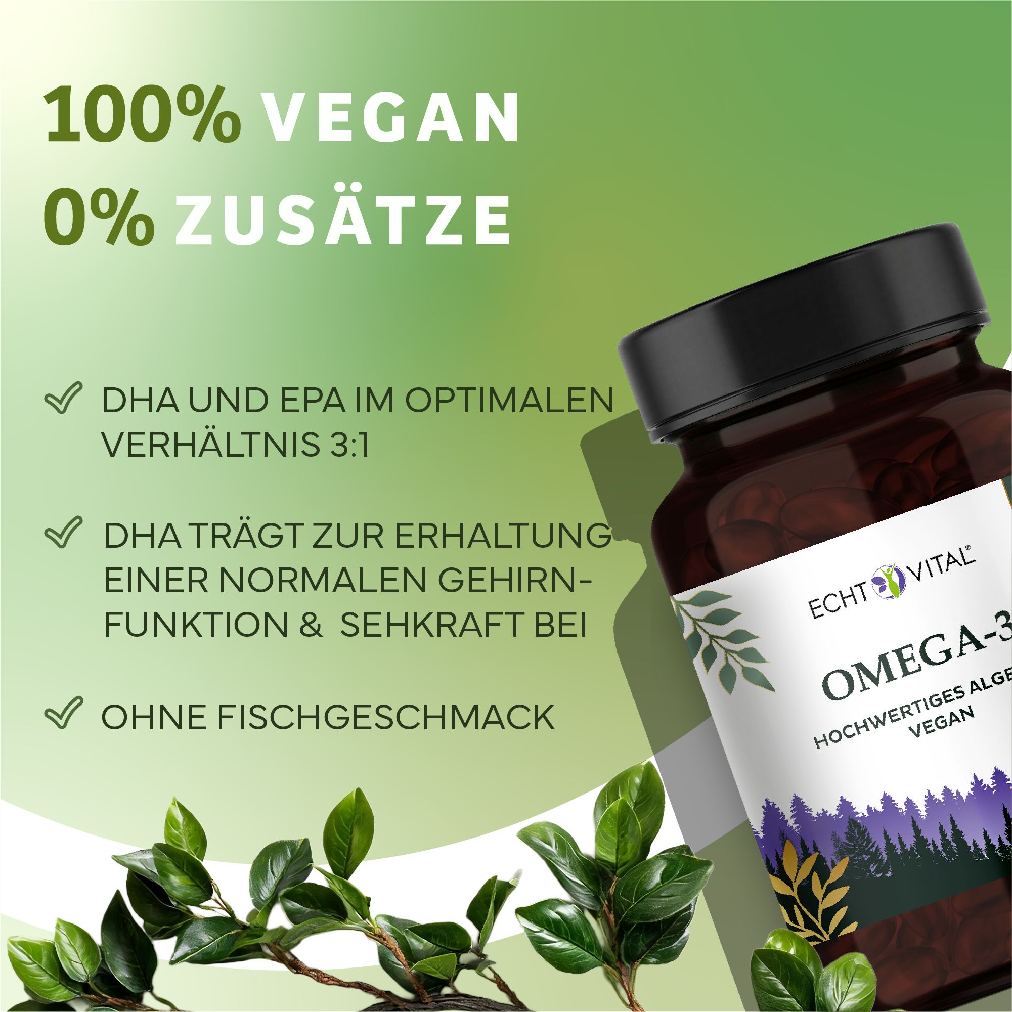 Echt Vital Omega-3 vegan: 100% vegano, 0% additivi. DHA ed EPA in rapporto 3:1.