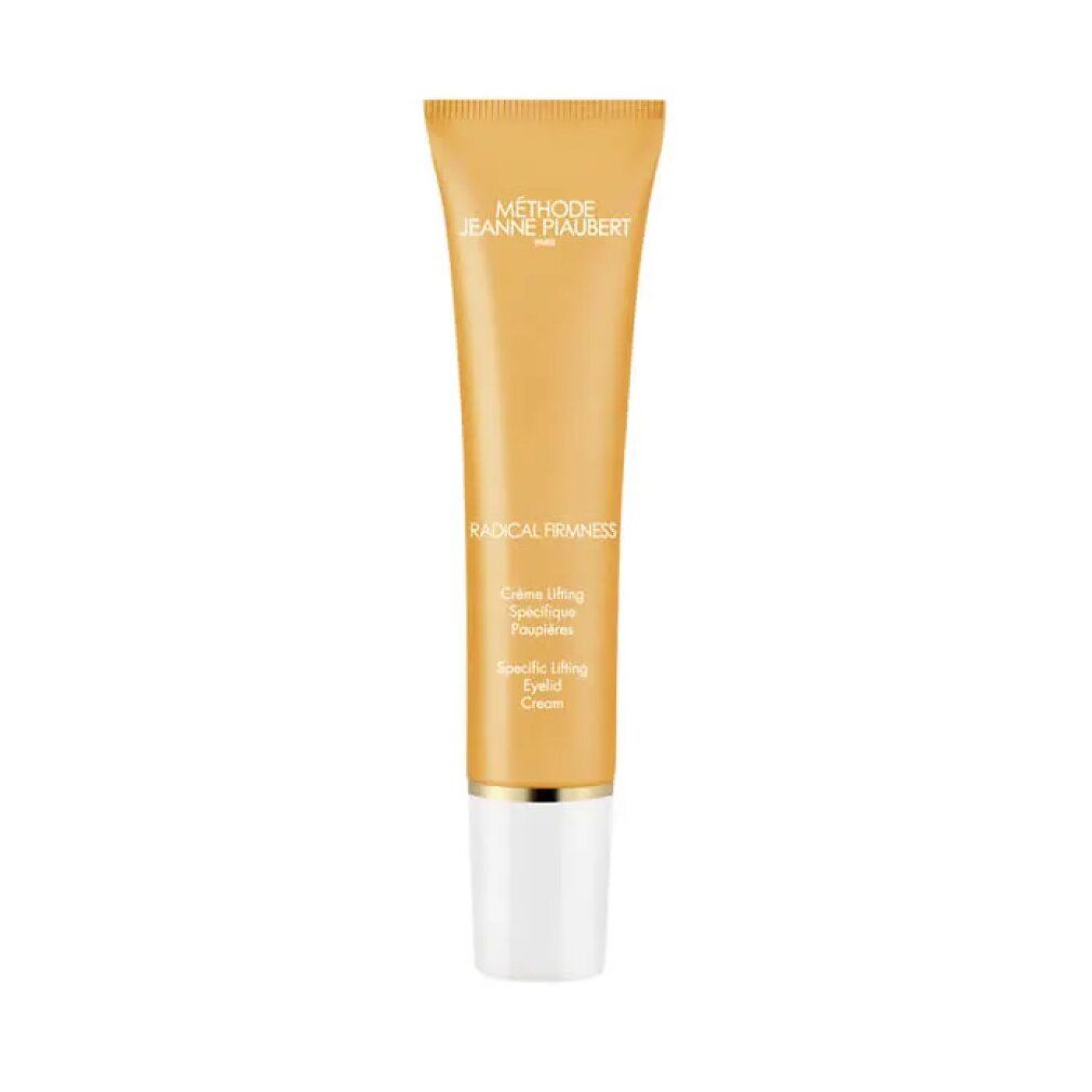 Tubo giallo con tappo bianco. Scritta: METHODE JEANNE PIAUBERT PARIS, RADICAL FIRMNESS, Specific Lifting Eyelid Cream.