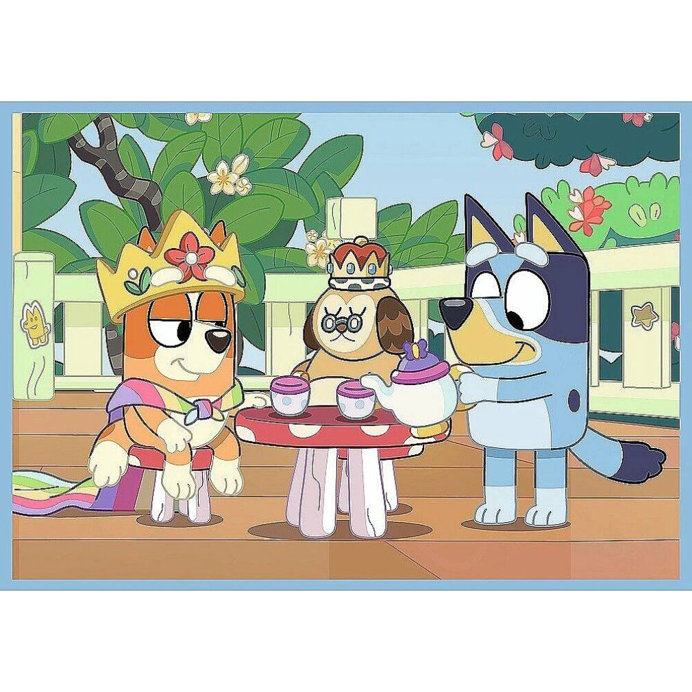 Illustrazione di Bluey che serve il tè. Altri due personaggi sono seduti a un tavolo. Sfondo: giardino.