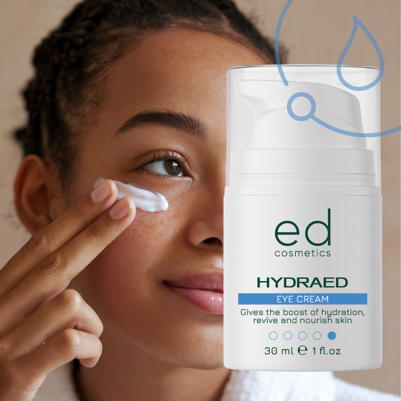 Donna applica crema occhi. Flacone bianco con dosatore a pompa. Scritta: "ed cosmetics HYDRAED EYE CREAM".