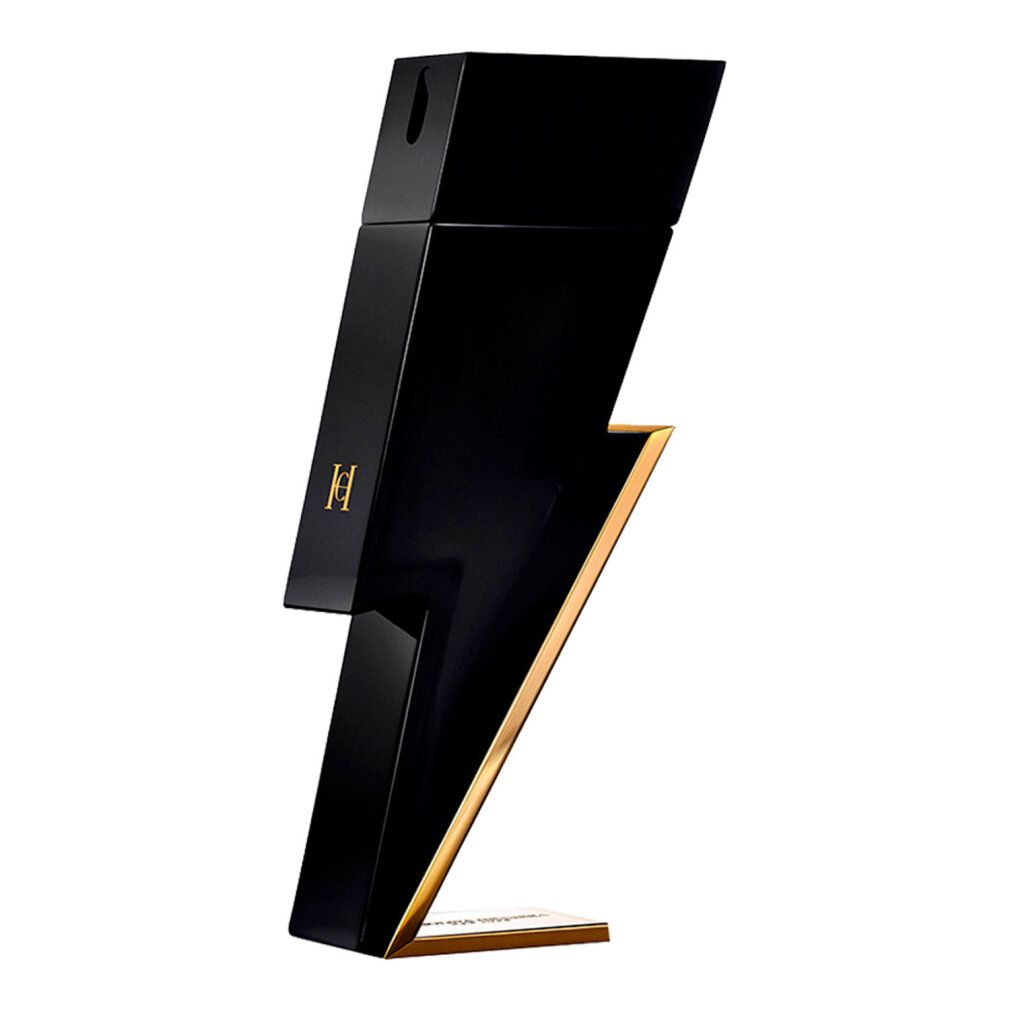 Flacone nero a forma di fulmine. Dettagli dorati. Logo 'HH'.