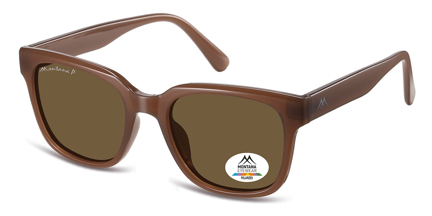 Occhiali da sole marroni, vista laterale. Logo Montana Eyewear sull'asta e sulla lente. Polarizzati.