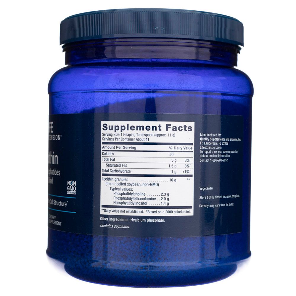 Retro del contenitore Life Extension Lecithin Powder. Mostra 'Supplement Facts' con informazioni nutrizionali e ingredienti.