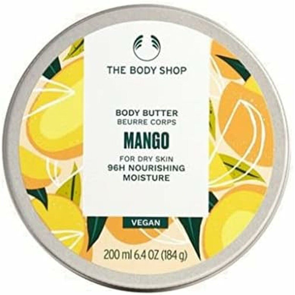 Barattolo rotondo con design mango. Scritta: Body Butter Mango, per pelle secca, idratazione 96h. Vegano. 200 ml.