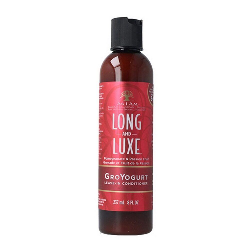 Flacone marrone con etichetta rossa. Testo: LONG AND LUXE, GroYogurt Leave-In Conditioner. Tappo nero. 237 ml 8 fl oz.