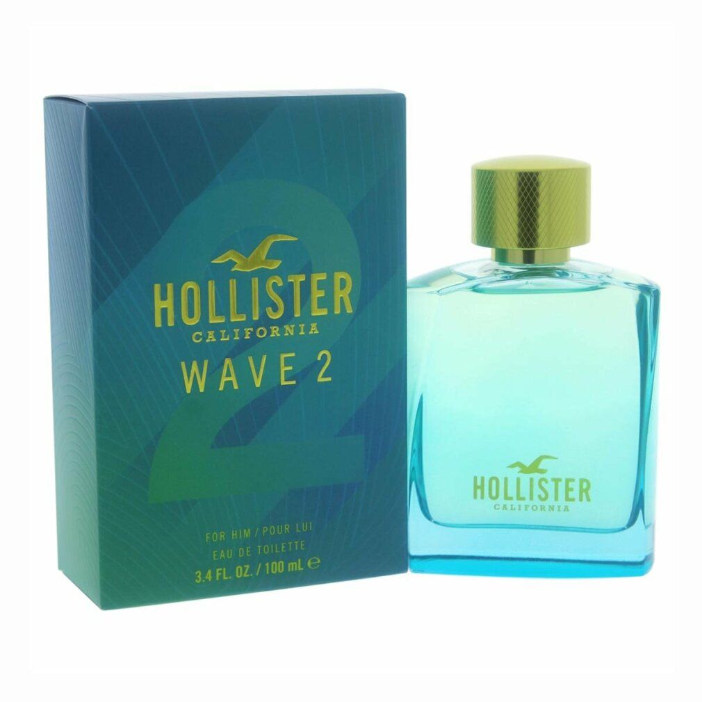 Flacone e confezione di Hollister Wave 2 Eau de Toilette Spray. Design blu-verde, tappo dorato. Scritta: Hollister, Wave 2.