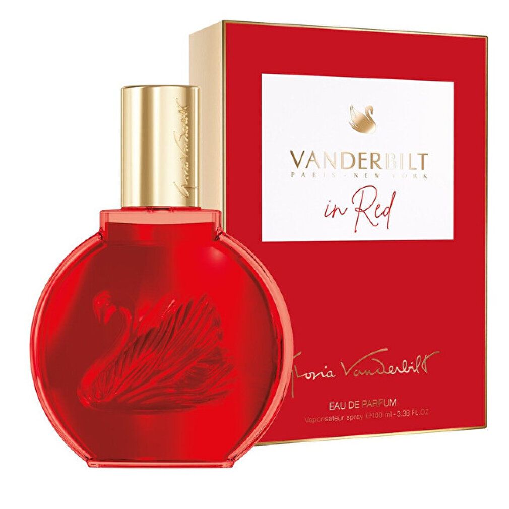 Scatola rossa e flacone. Sulla scatola c'è scritto "Vanderbilt in Red". Il flacone è rosso.