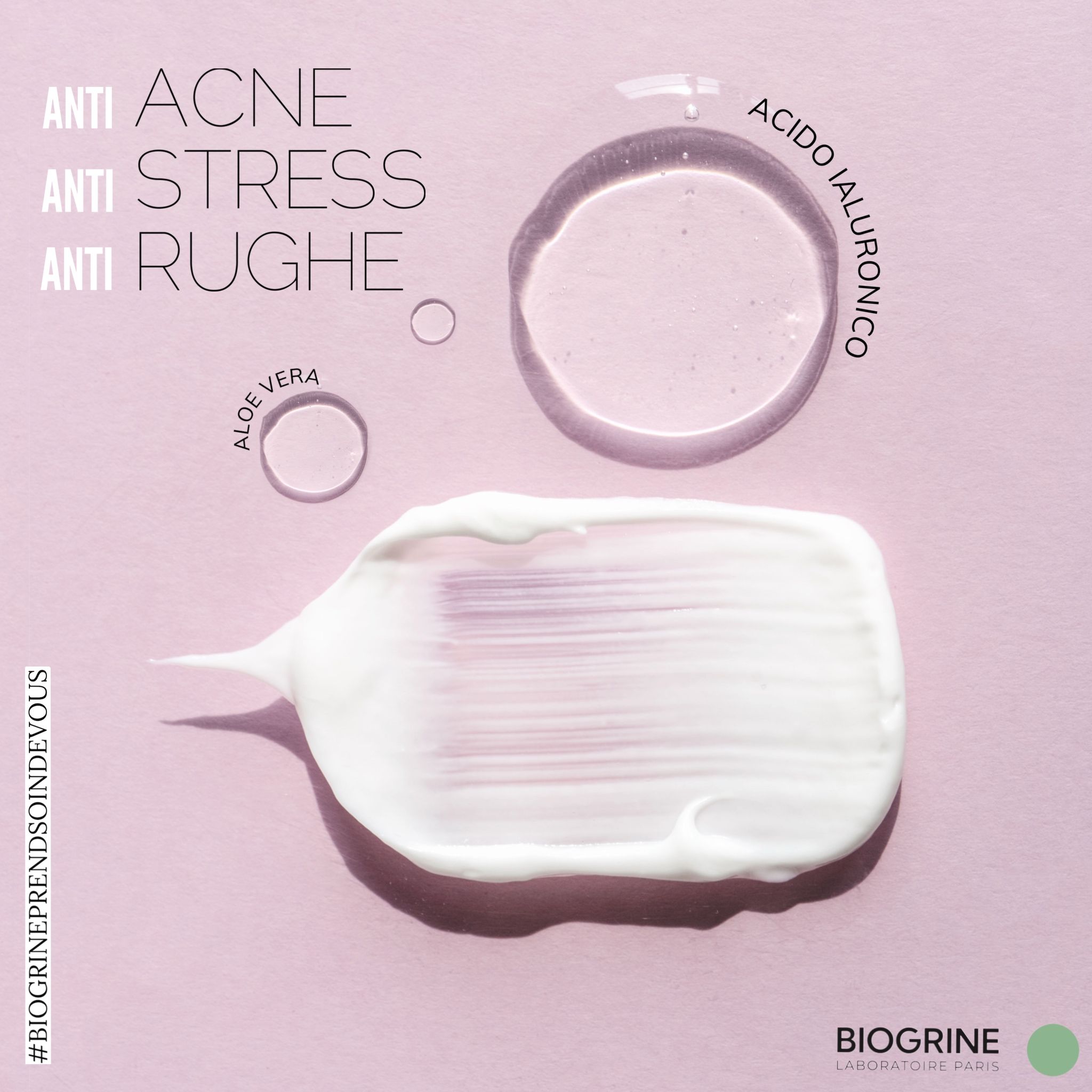 Applicazione della crema. Testo: Anti-acne, anti-stress, anti-rughe. Ingredienti: Aloe Vera, acido ialuronico. BIOGRINE.