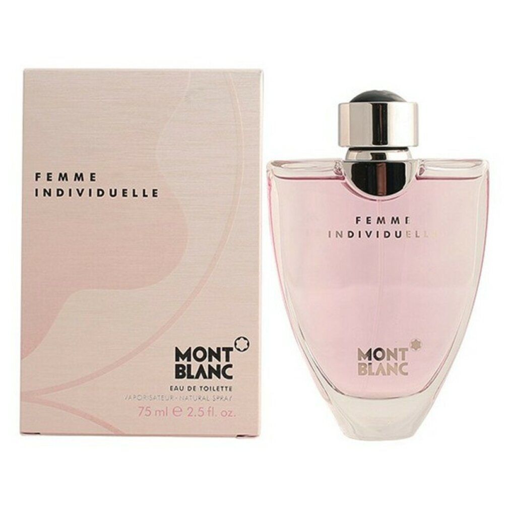 Flacone di profumo e confezione. Flacone rosa, tappo argentato. Scritta FEMME INDIVIDUELLE e logo MONTBLANC.