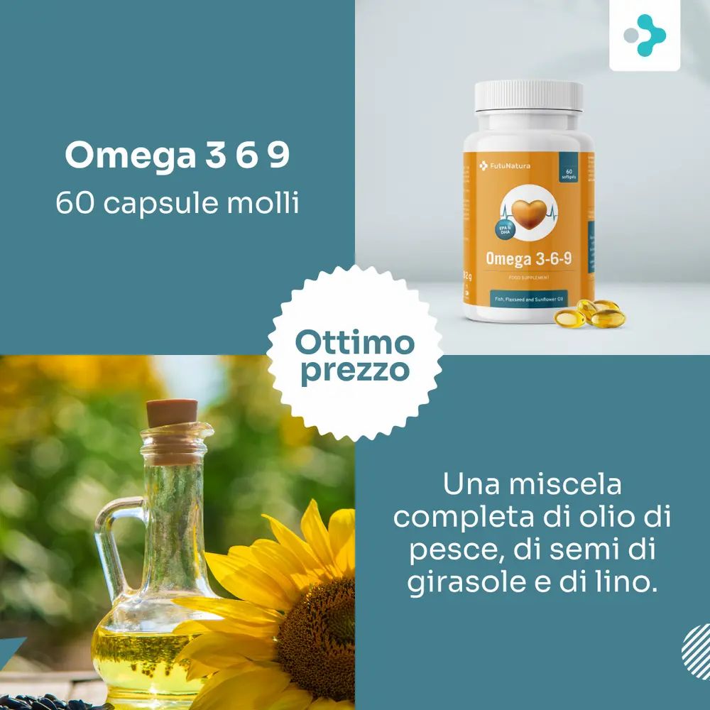 Flacone FutuNatura Omega 3-6-9, 60 capsule. Accanto, bottiglia d'olio, girasole. Testo: Ottimo prezzo.