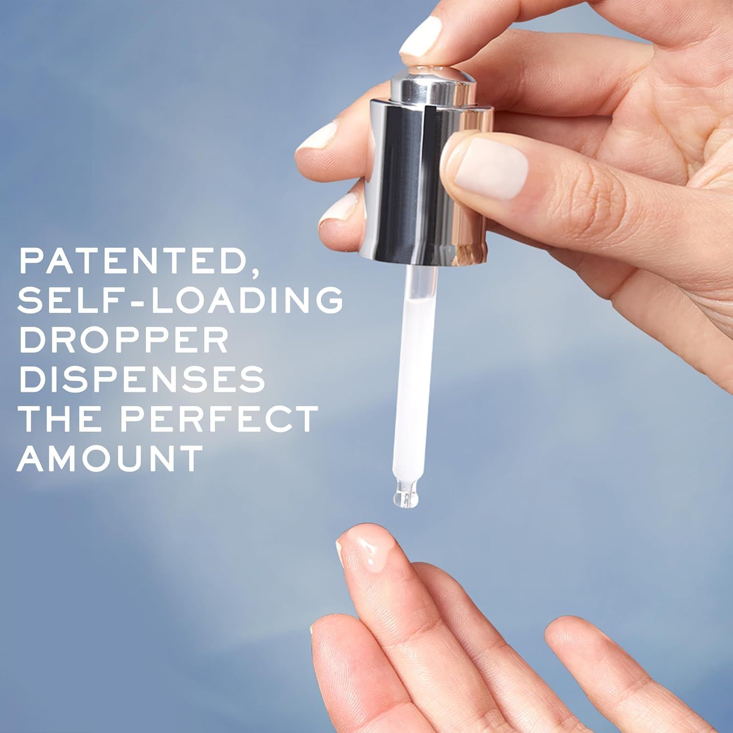 Contagocce con siero. Testo: PATENTED, SELF-LOADING DROPPER DISPENSES THE PERFECT AMOUNT.