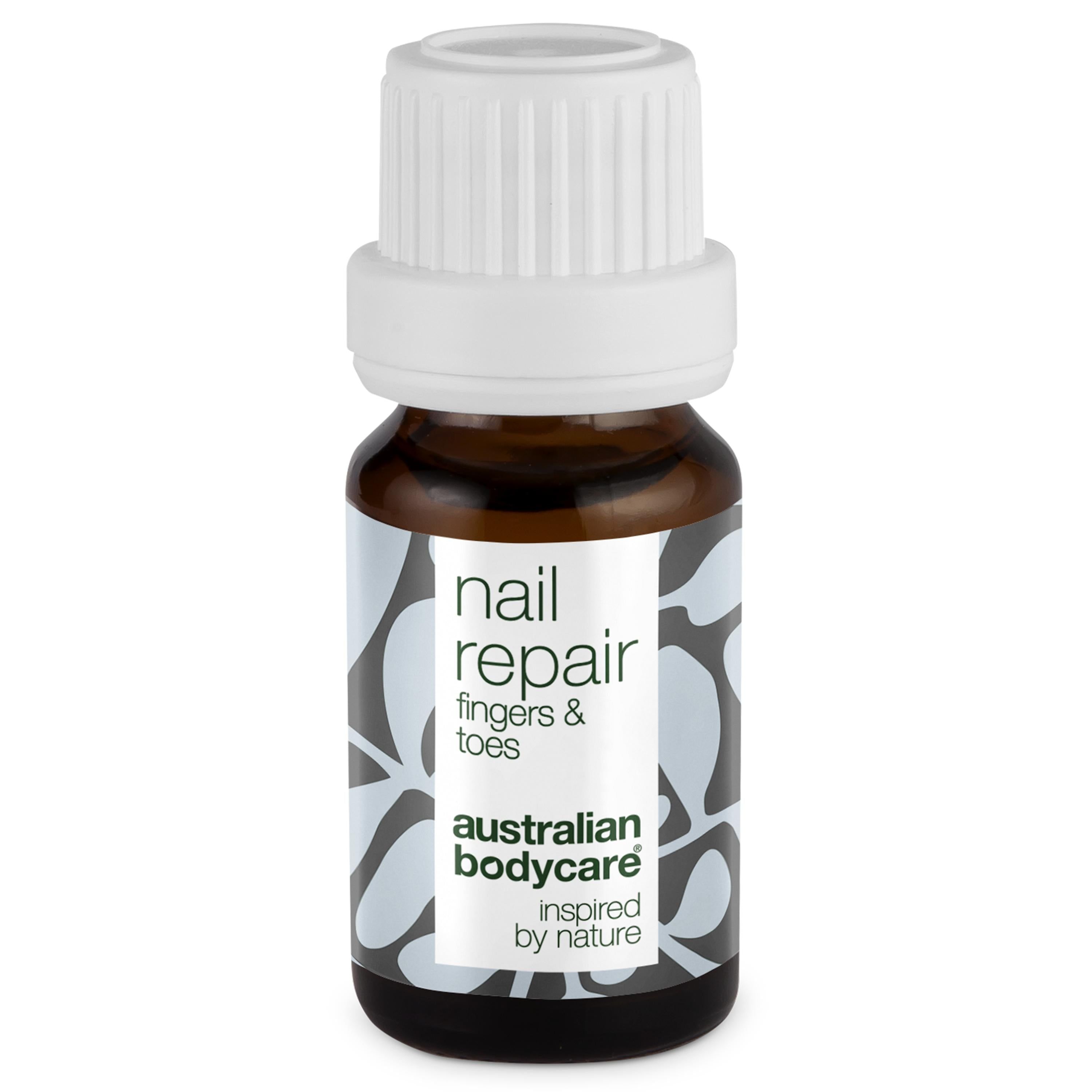 Flacone marrone con tappo bianco. Etichetta « nail repair fingers & toes » e logo.