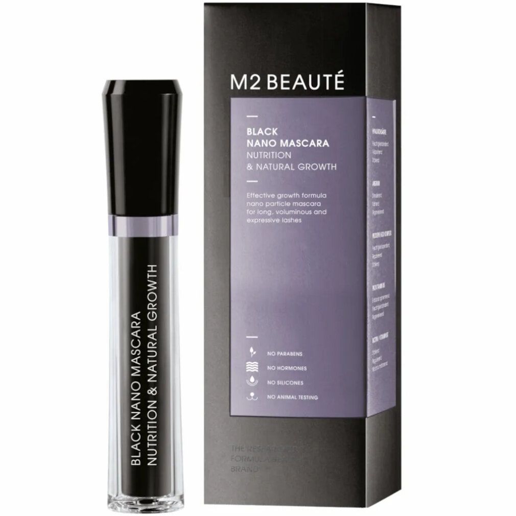Mascara Nano Nero M2 Beauté. Tubo nero con tappo nero e confezione nera. Scritta: Black Nano Mascara Nutrition & Natural Growth.